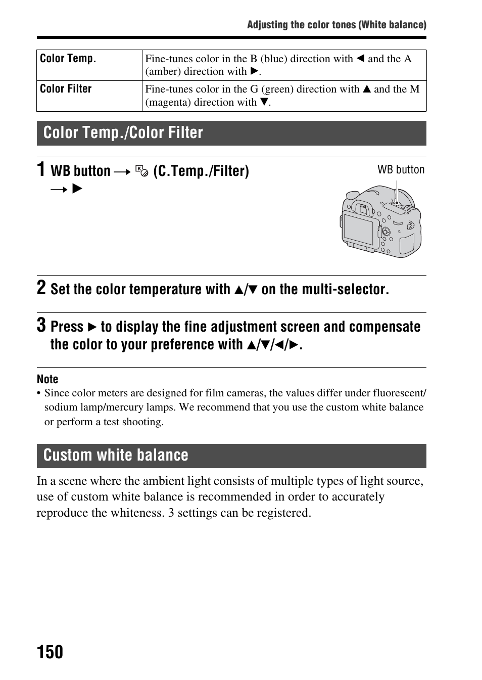Color temp./color filter, Custom white balance, Color temp./color filter custom white balance | Sony SLT-A77VM User Manual | Page 150 / 242