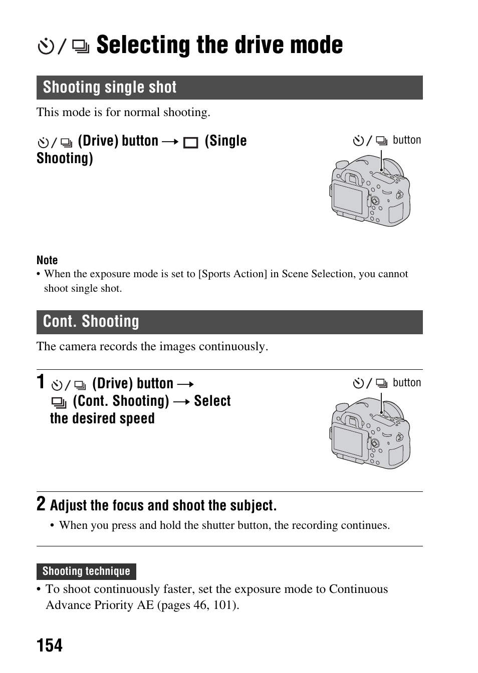 Selecting the drive mode, Shooting single shot, Cont. shooting | Shooting single shot cont. shooting, G) (154) | Sony SLT-A77VM User Manual | Page 154 / 242