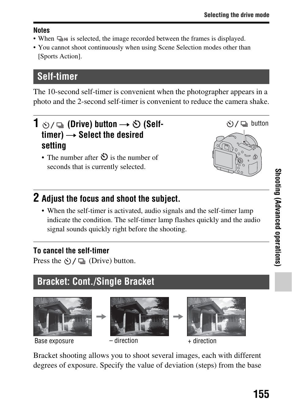 Self-timer, Bracket: cont./single bracket, Self-timer bracket: cont./single bracket | Lamp (155), Er) (155), T) (155) | Sony SLT-A77VM User Manual | Page 155 / 242