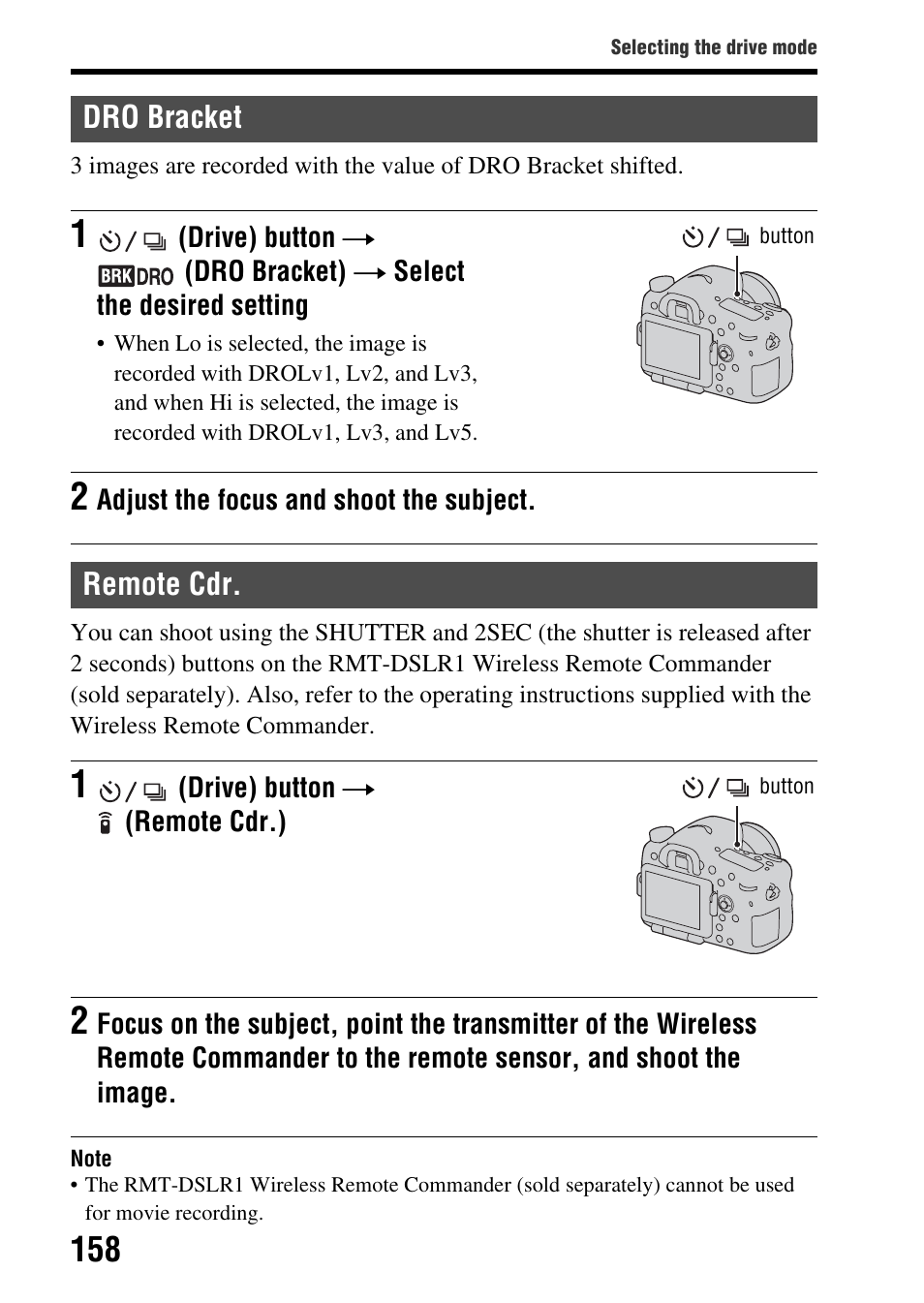 Dro bracket, Remote cdr, Dro bracket remote cdr | T) (158) | Sony SLT-A77VM User Manual | Page 158 / 242