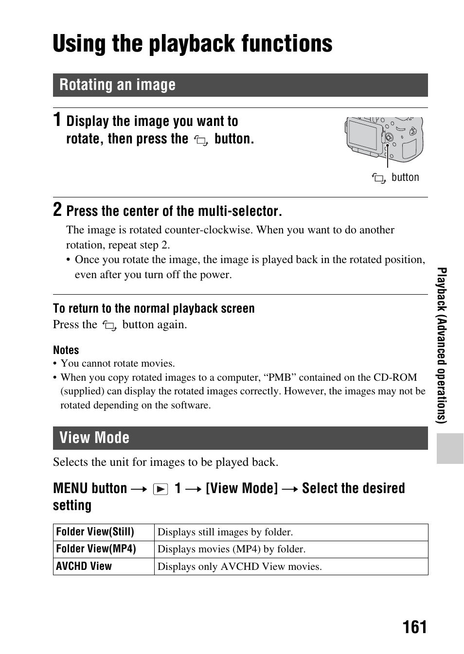 Using the playback functions, Rotating an image, View mode | Rotating an image view mode, Tton (161), N (161), De (161) | Sony SLT-A77VM User Manual | Page 161 / 242