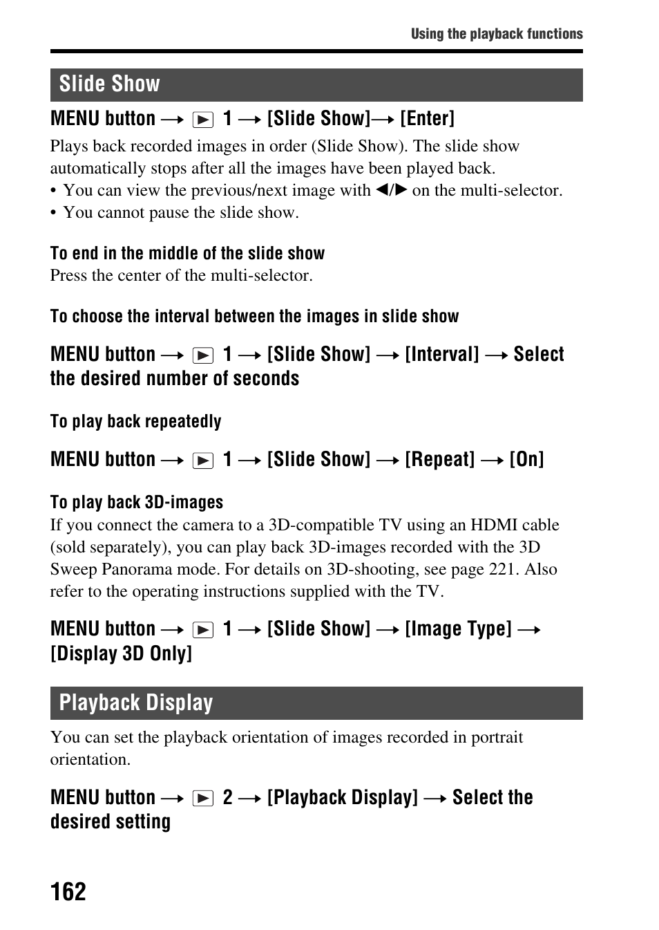 Slide show, Playback display, Slide show playback display | Sony SLT-A77VM User Manual | Page 162 / 242