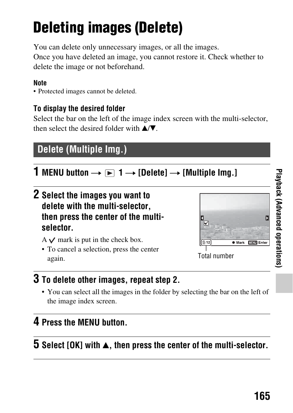 Deleting images (delete), Delete (multiple img.) | Sony SLT-A77VM User Manual | Page 165 / 242
