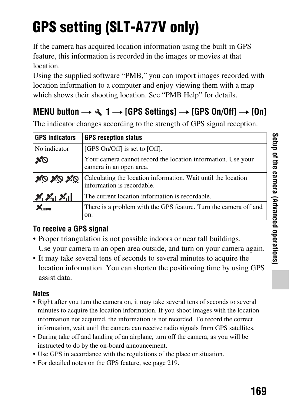 Setup of the camera, Gps setting (slt-a77v only), Ngs (169) | Setup of the camera (advanced operations) | Sony SLT-A77VM User Manual | Page 169 / 242