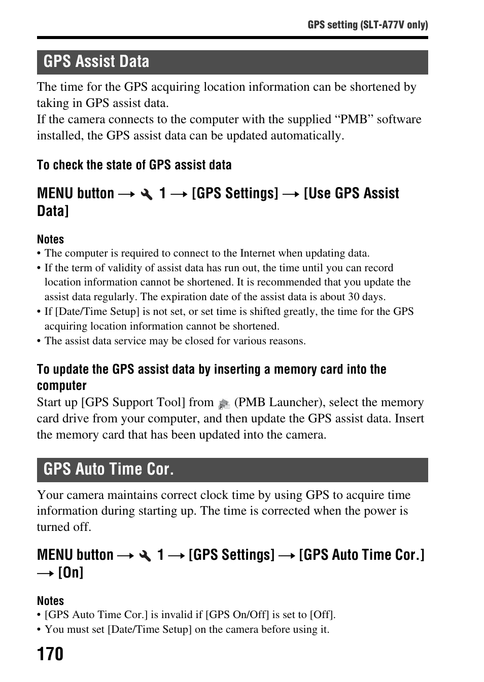 Gps assist data, Gps auto time cor, Gps assist data gps auto time cor | Sony SLT-A77VM User Manual | Page 170 / 242
