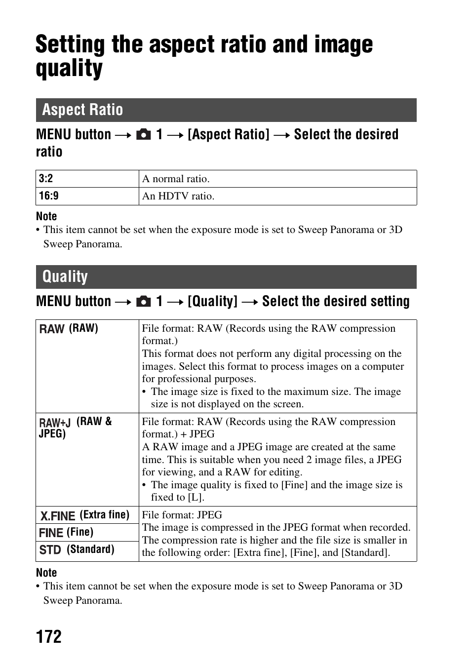 Setting the aspect ratio and image quality, Aspect ratio, Quality | Aspect ratio quality | Sony SLT-A77VM User Manual | Page 172 / 242
