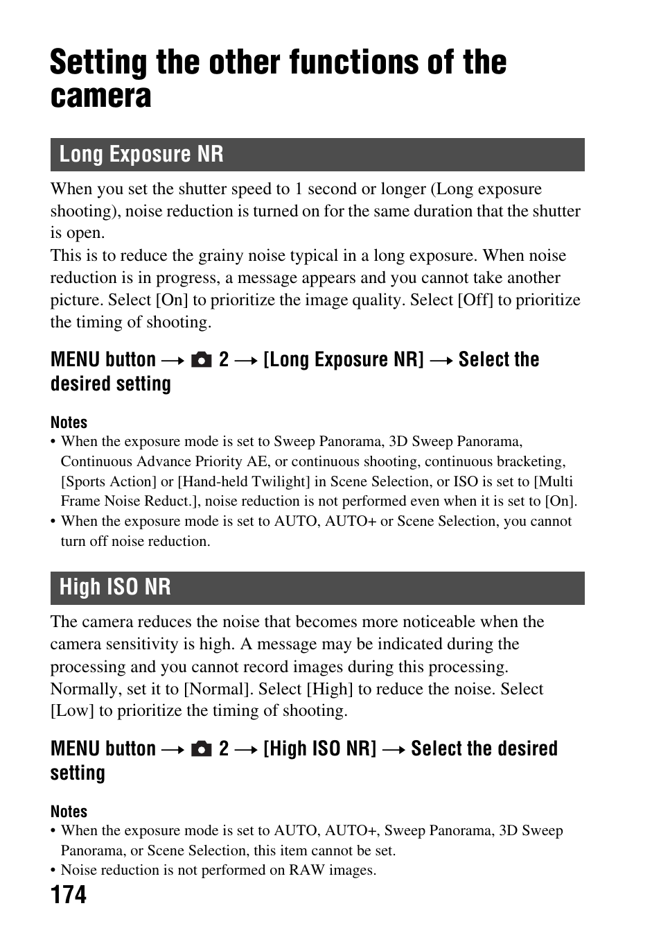 Setting the other functions of the camera, Long exposure nr, High iso nr | Long exposure nr high iso nr, Nr (174) | Sony SLT-A77VM User Manual | Page 174 / 242