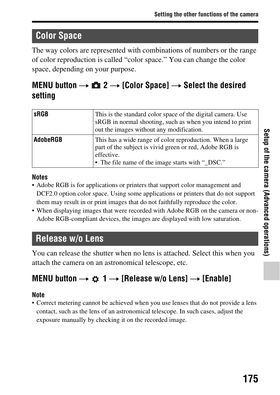 Color space, Release w/o lens, Color space release w/o lens | Ace (175), Menu button t 1 t [release w/o lens] t [enable | Sony SLT-A77VM User Manual | Page 175 / 242