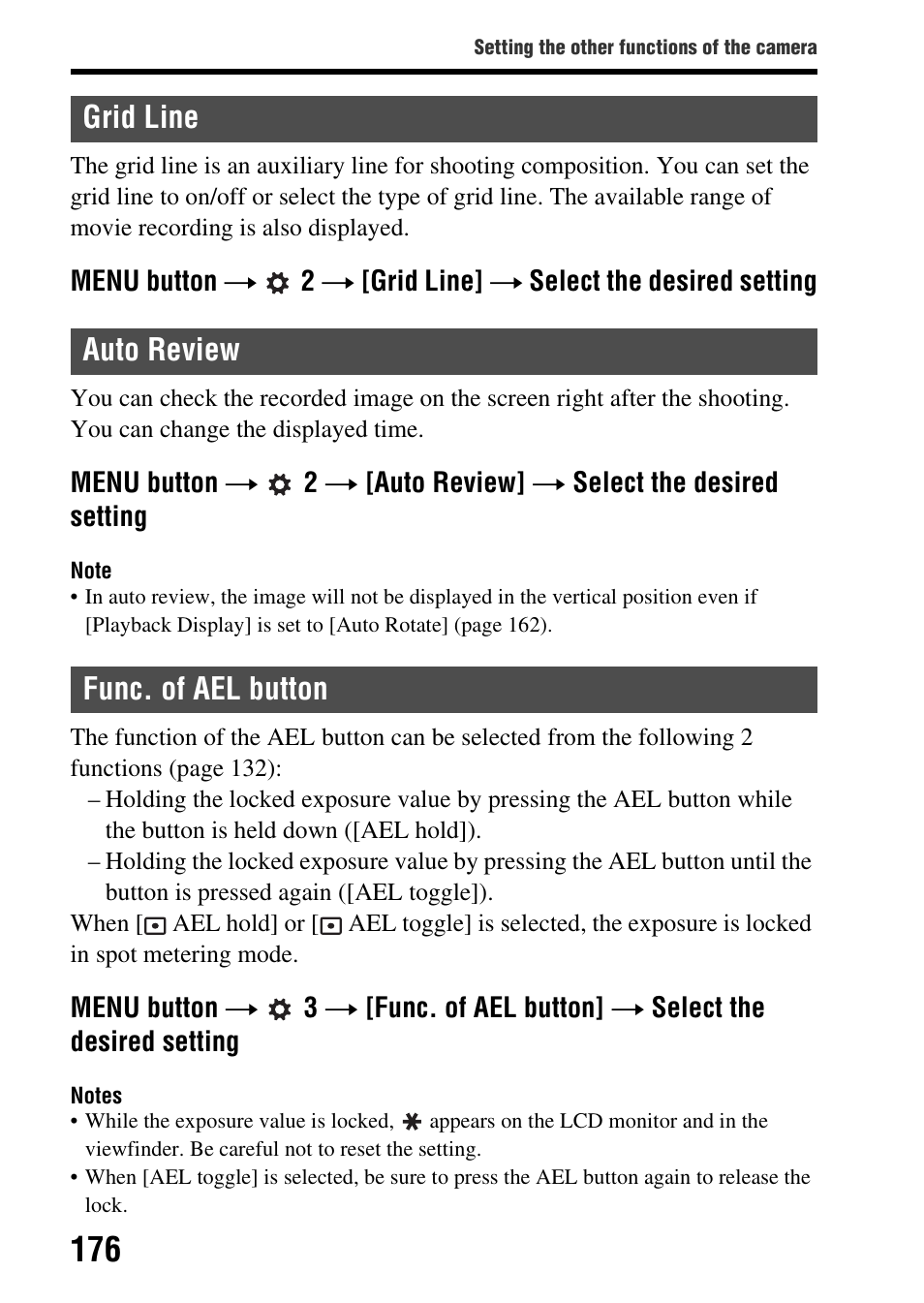 Grid line, Auto review, Func. of ael button | Grid line auto review func. of ael button | Sony SLT-A77VM User Manual | Page 176 / 242