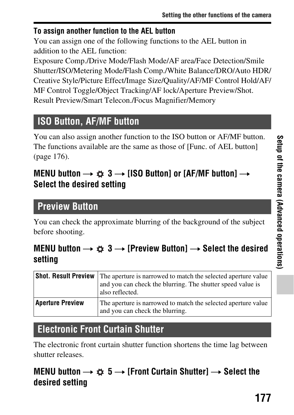 Iso button, af/mf button, Preview button, Electronic front curtain shutter | On (177), Iso button, af/mf button preview button | Sony SLT-A77VM User Manual | Page 177 / 242