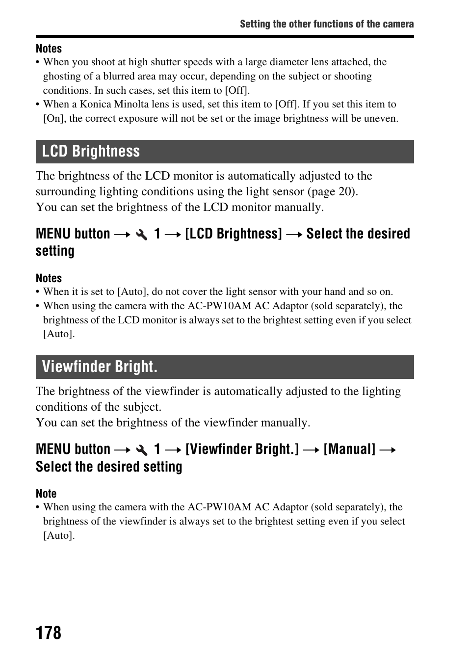 Lcd brightness, Viewfinder bright, Lcd brightness viewfinder bright | Ss (178) | Sony SLT-A77VM User Manual | Page 178 / 242