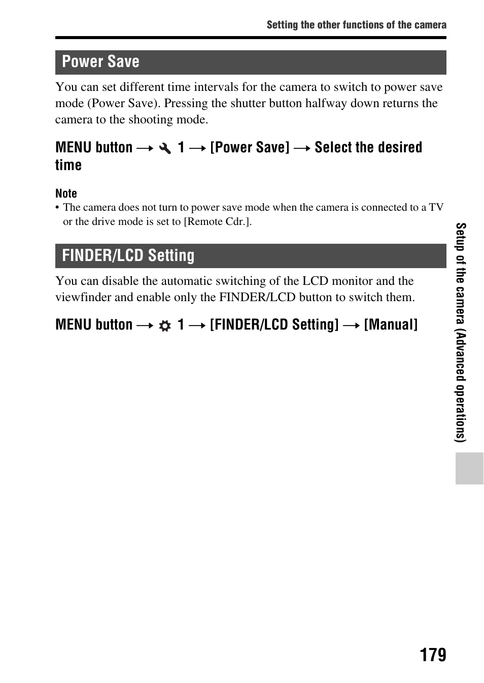 Power save, Finder/lcd setting, Power save finder/lcd setting | N (179), R save (179) | Sony SLT-A77VM User Manual | Page 179 / 242