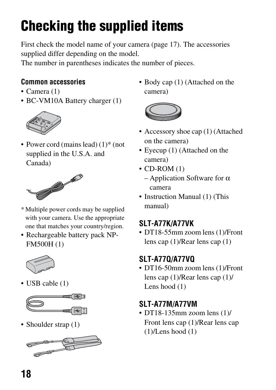 Preparing the camera, Checking the supplied items | Sony SLT-A77VM User Manual | Page 18 / 242
