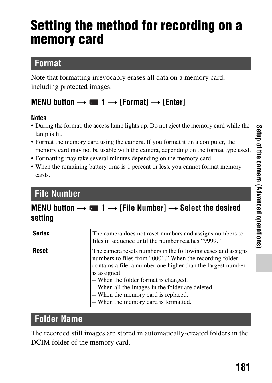 Setting the method for recording on a memory card, Format, File number | Folder name, Format file number folder name, Er (181), Format file number | Sony SLT-A77VM User Manual | Page 181 / 242