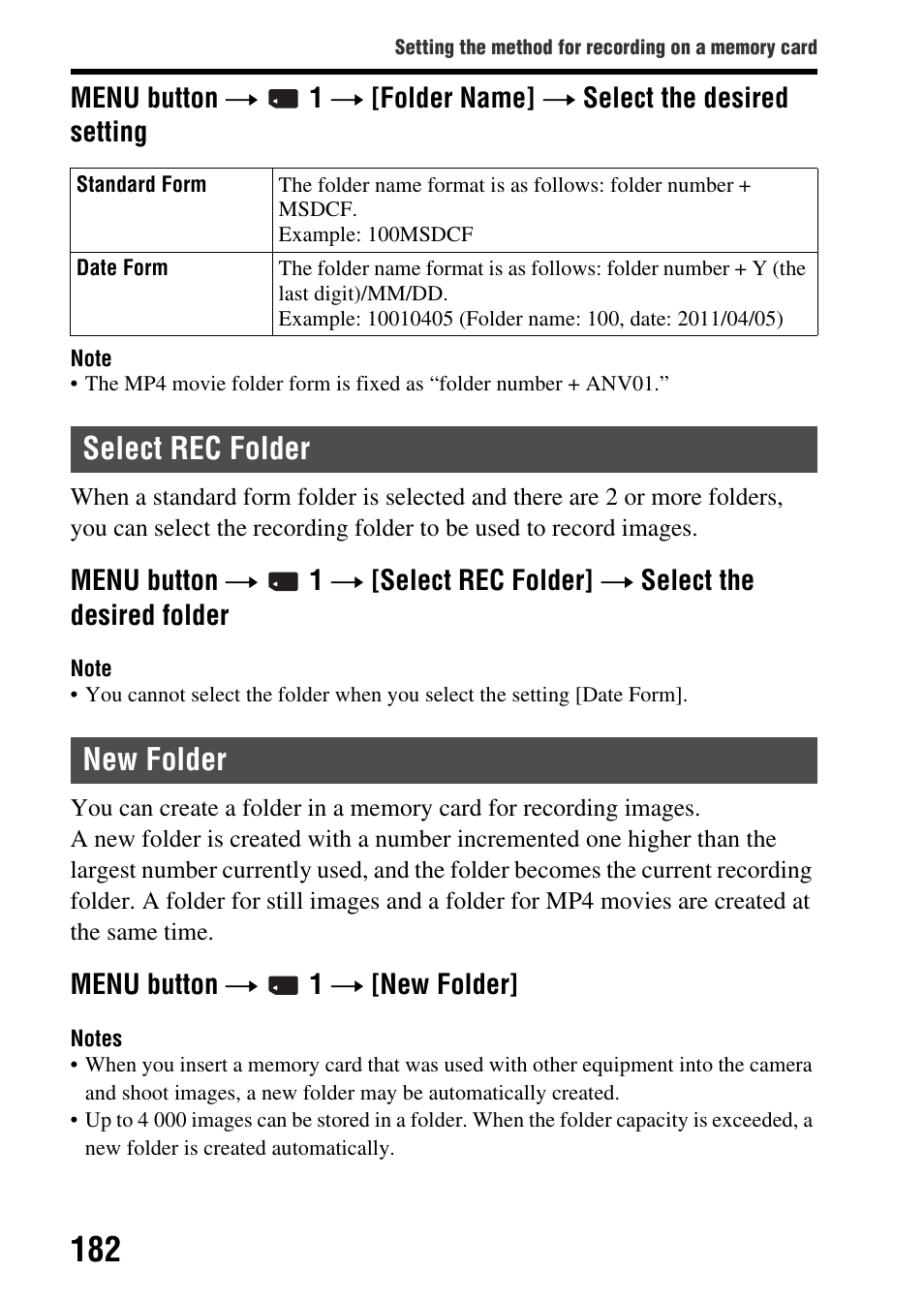 Select rec folder, New folder, Select rec folder new folder | Sony SLT-A77VM User Manual | Page 182 / 242