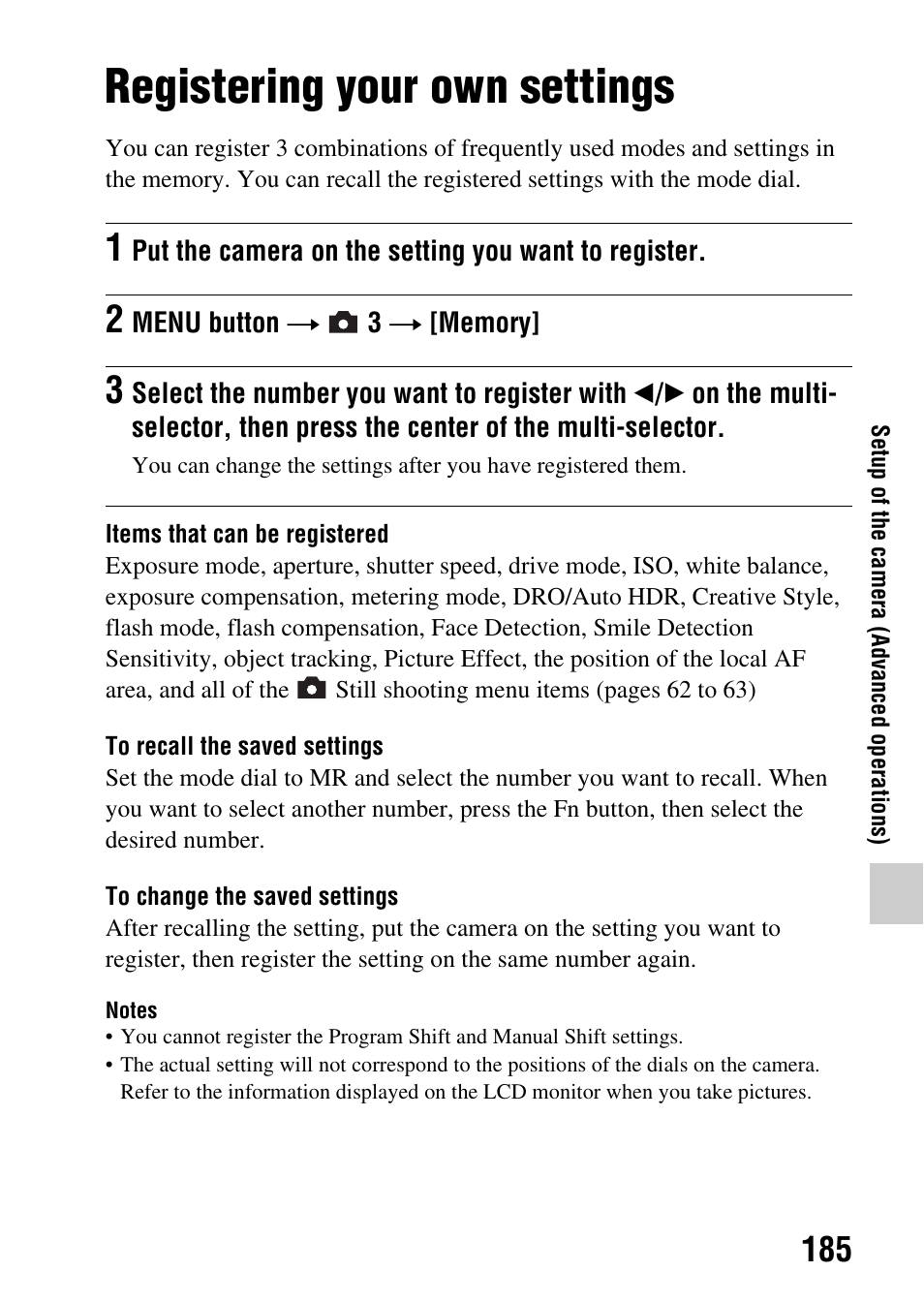 Registering your own settings | Sony SLT-A77VM User Manual | Page 185 / 242