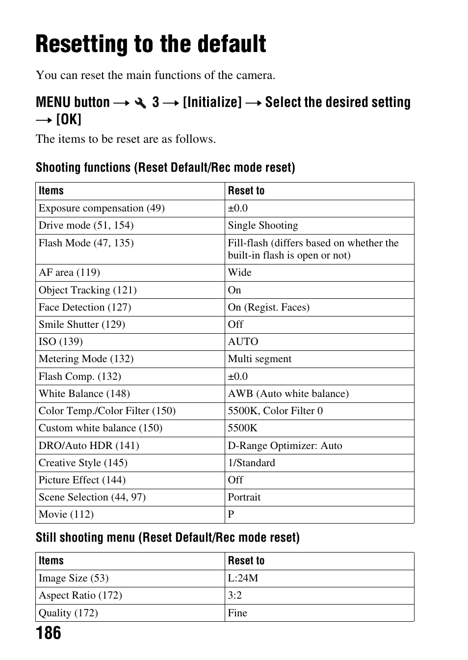 Resetting to the default, E (186) | Sony SLT-A77VM User Manual | Page 186 / 242