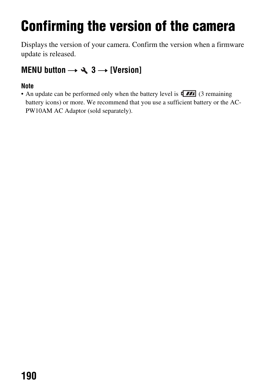 Confirming the version of the camera, Version (190) | Sony SLT-A77VM User Manual | Page 190 / 242