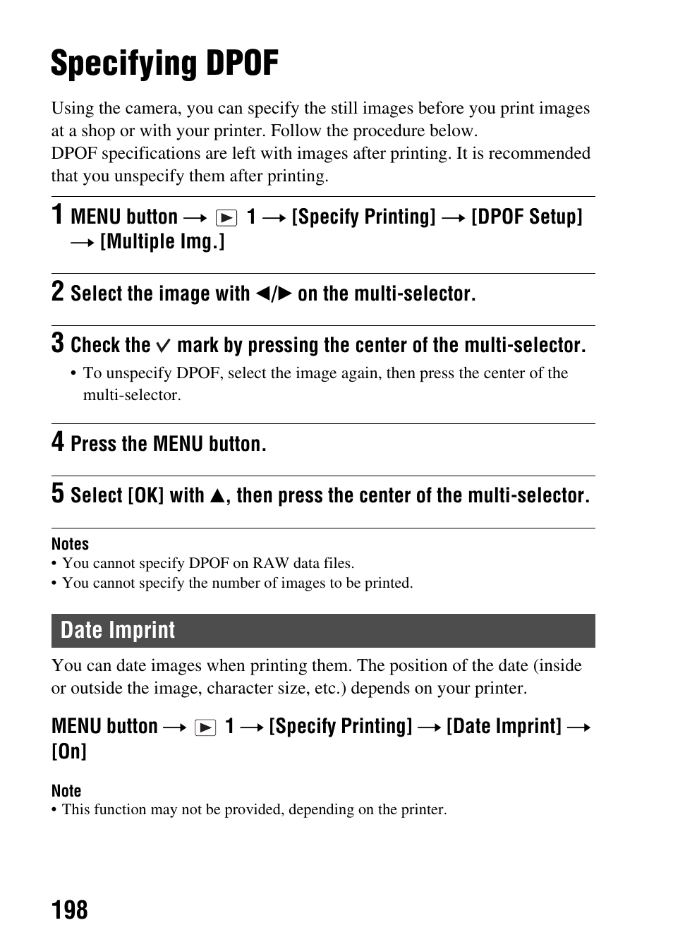 Print, Specifying dpof, Date imprint | Dpof set (198) | Sony SLT-A77VM User Manual | Page 198 / 242