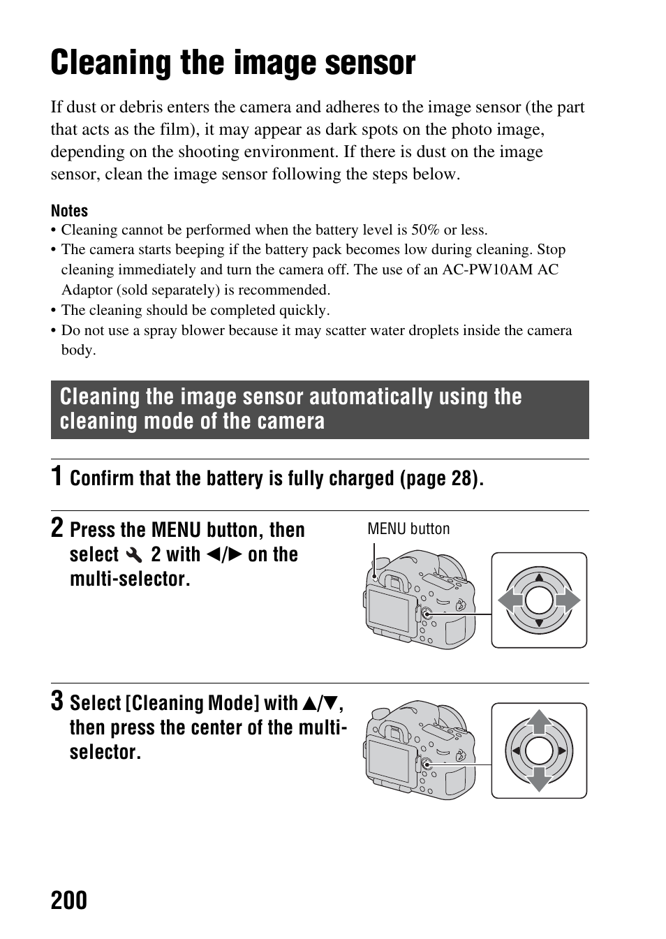 Cleaning the image sensor | Sony SLT-A77VM User Manual | Page 200 / 242