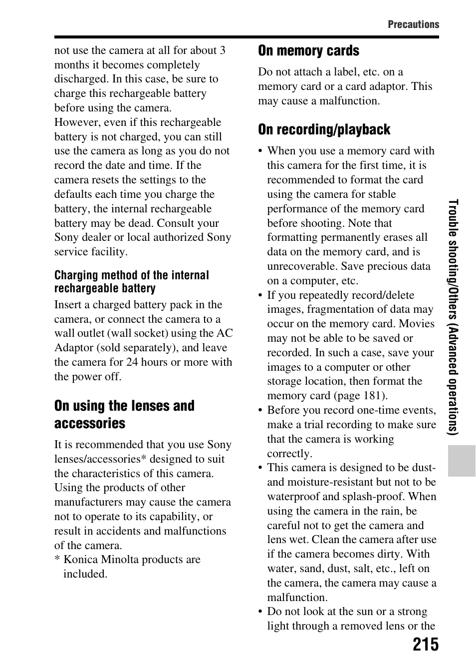 On using the lenses and accessories, On recording/playback | Sony SLT-A77VM User Manual | Page 215 / 242