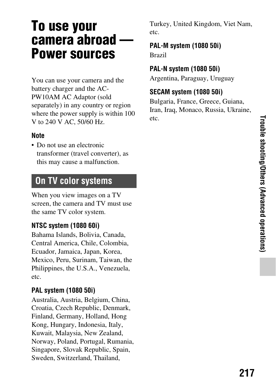 To use your camera abroad - power sources, To use your camera abroad — power sources, On tv color systems | Sony SLT-A77VM User Manual | Page 217 / 242