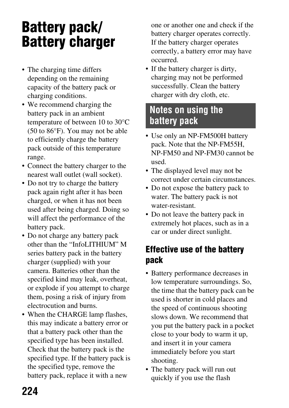 Battery pack/ battery charger, Battery pack/battery charger, Effective use of the battery pack | Sony SLT-A77VM User Manual | Page 224 / 242