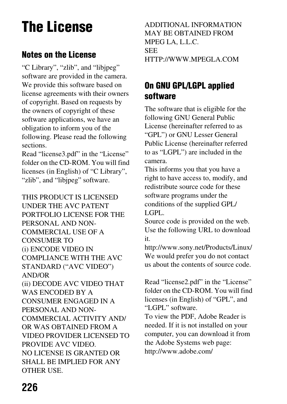 The license | Sony SLT-A77VM User Manual | Page 226 / 242