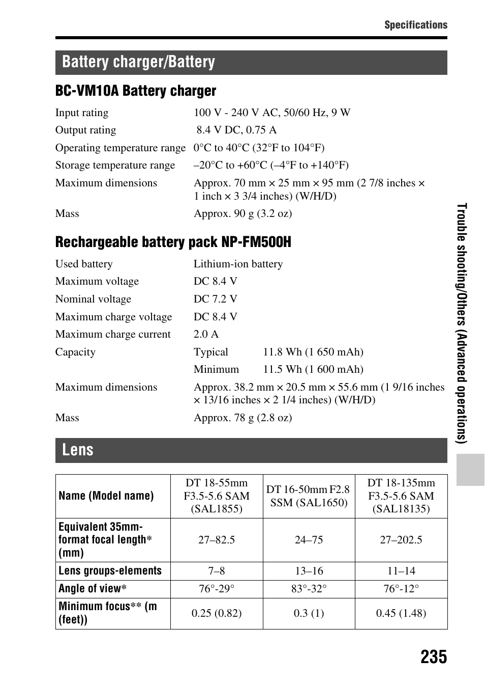 Battery charger/battery lens, Bc-vm10a battery charger, Rechargeable battery pack np-fm500h | Sony SLT-A77VM User Manual | Page 235 / 242