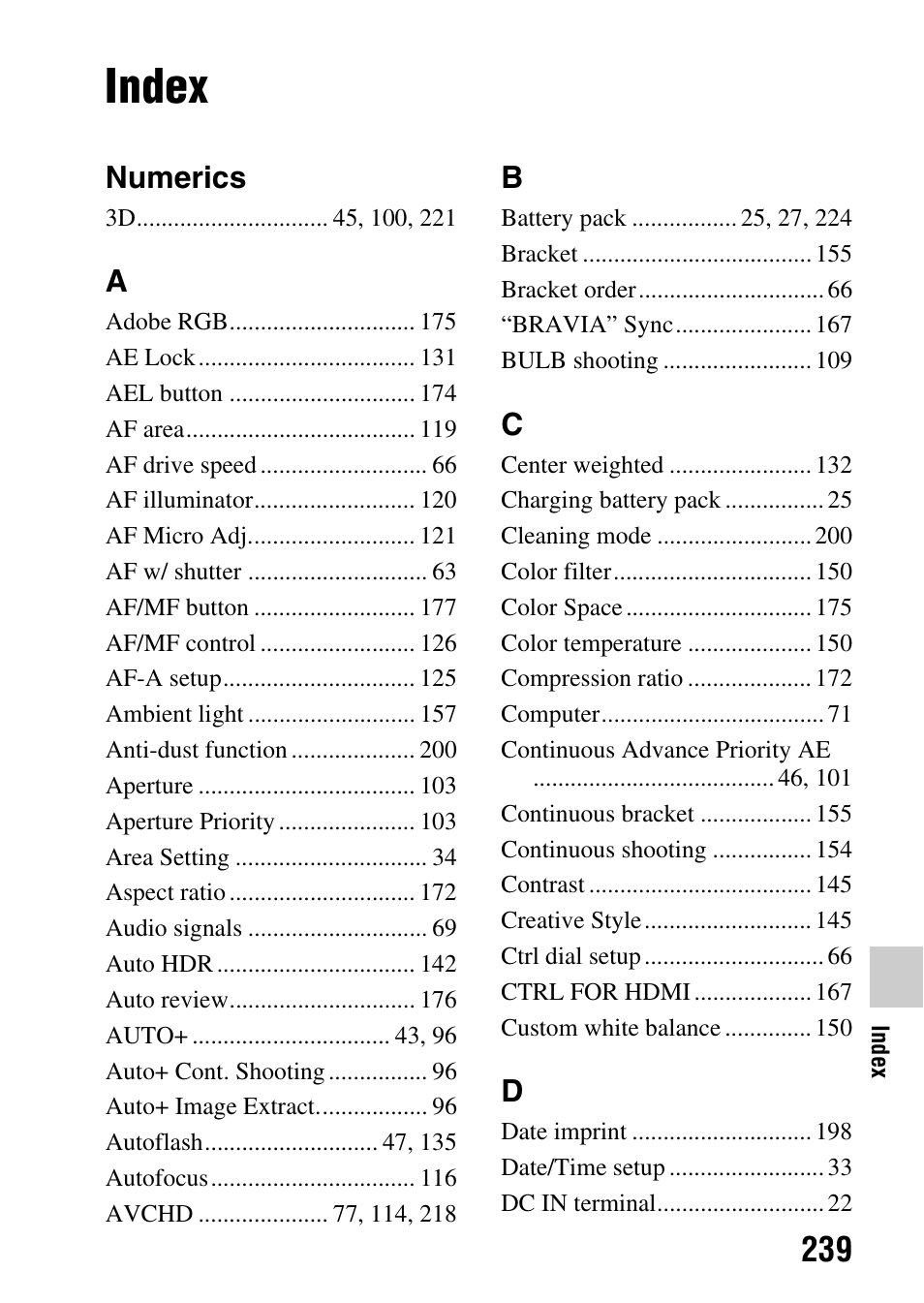 Index, Numerics | Sony SLT-A77VM User Manual | Page 239 / 242