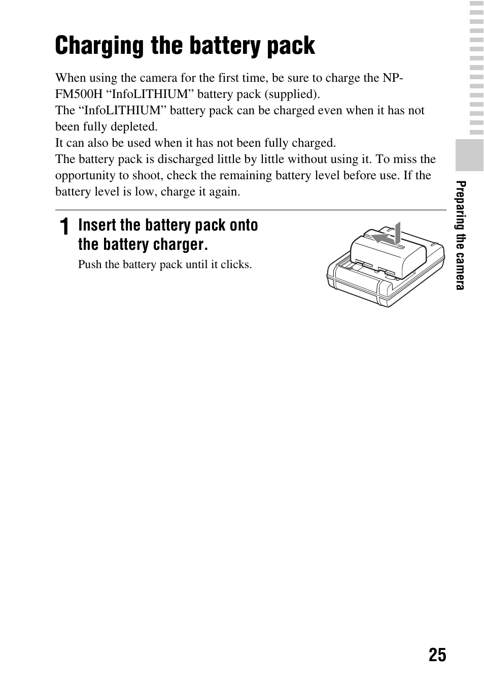 Charging the battery pack | Sony SLT-A77VM User Manual | Page 25 / 242
