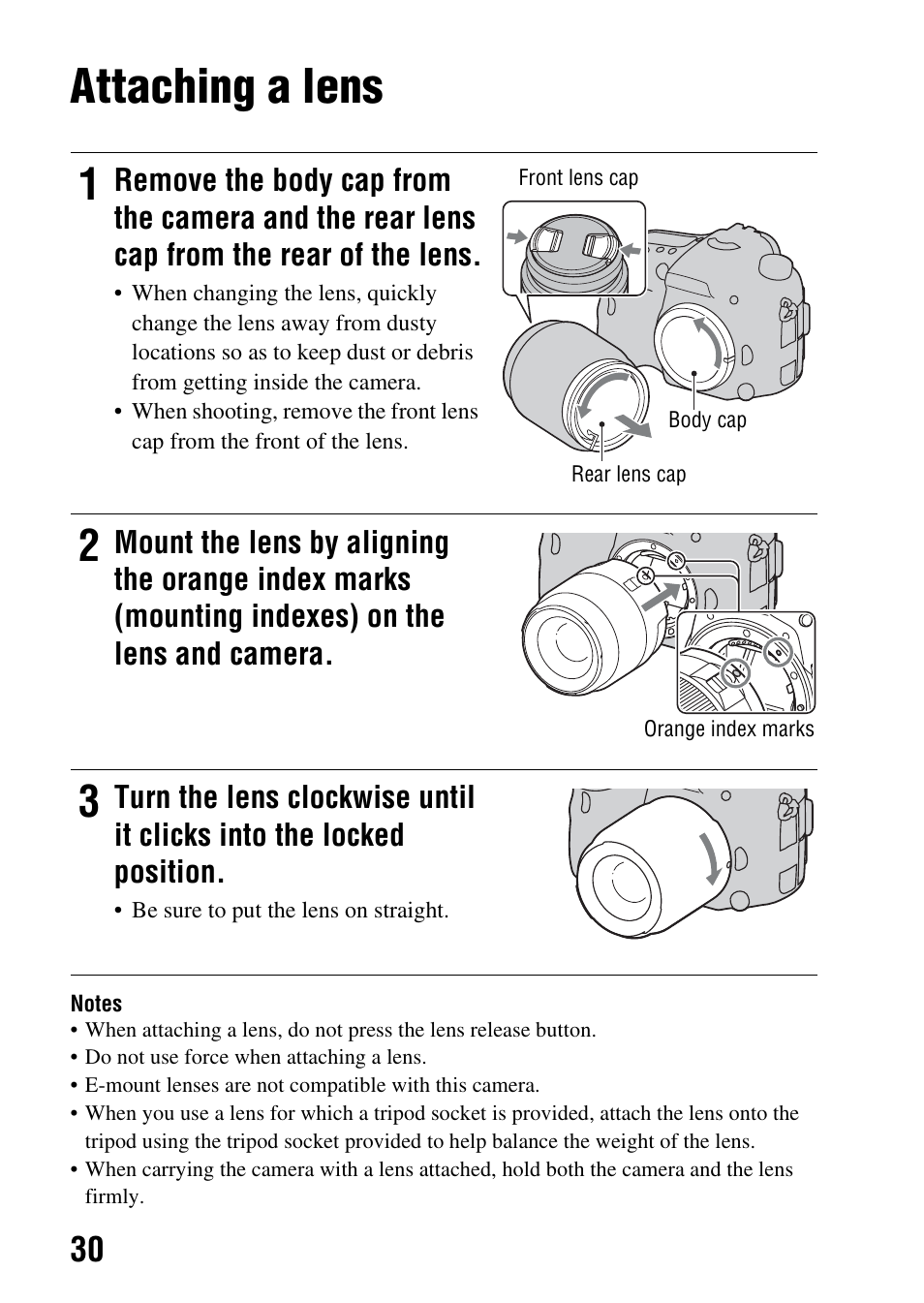 Attaching a lens | Sony SLT-A77VM User Manual | Page 30 / 242