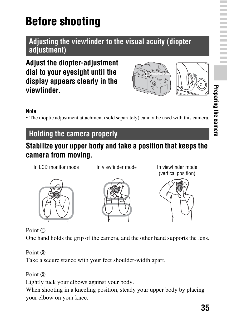 Before shooting, Holding the camera properly, Adjustment) | Sony SLT-A77VM User Manual | Page 35 / 242