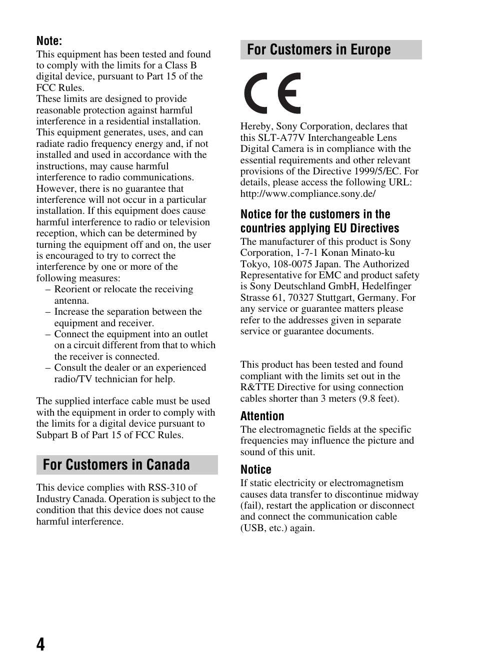 For customers in canada for customers in europe | Sony SLT-A77VM User Manual | Page 4 / 242