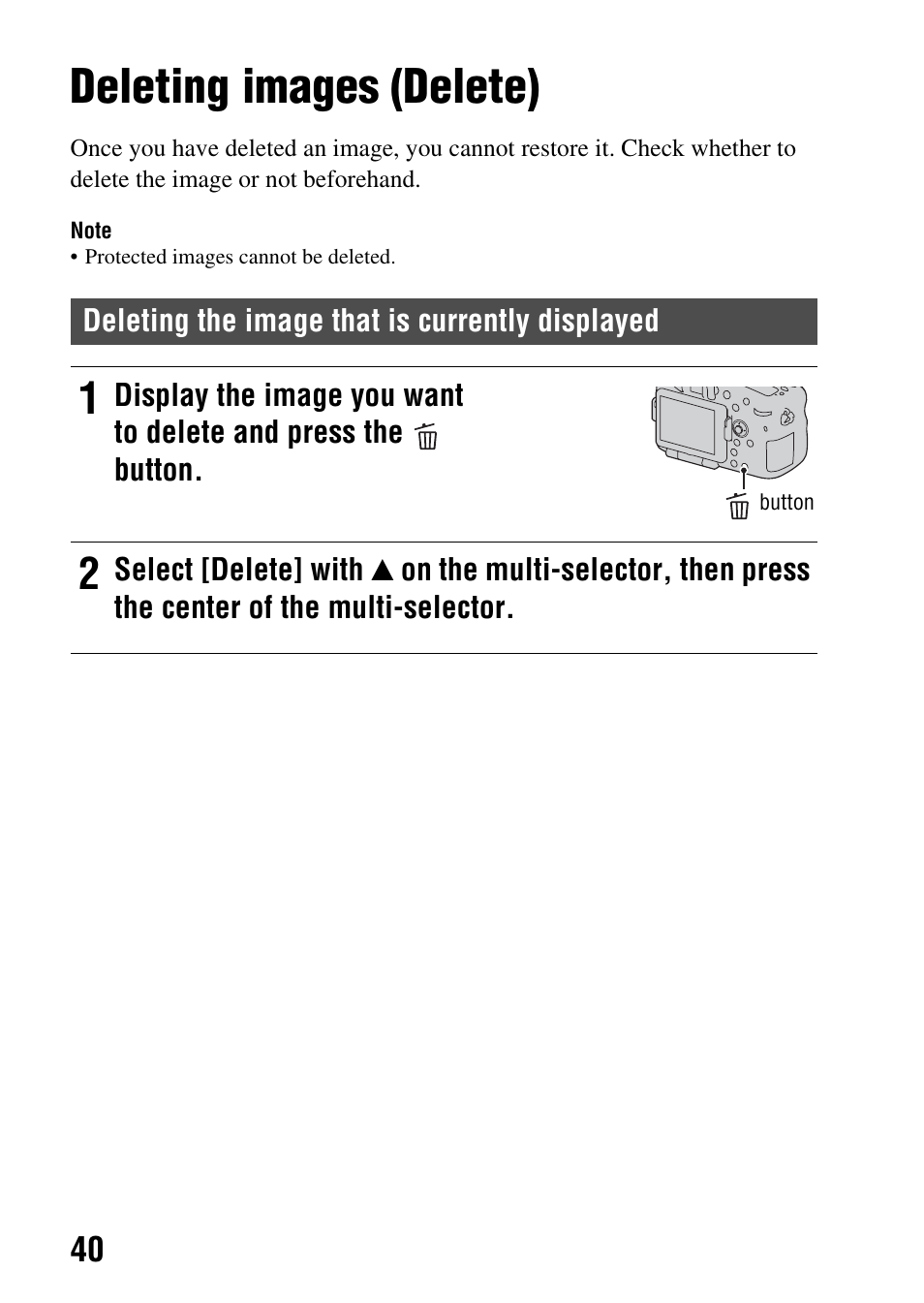 Deleting images (delete) | Sony SLT-A77VM User Manual | Page 40 / 242