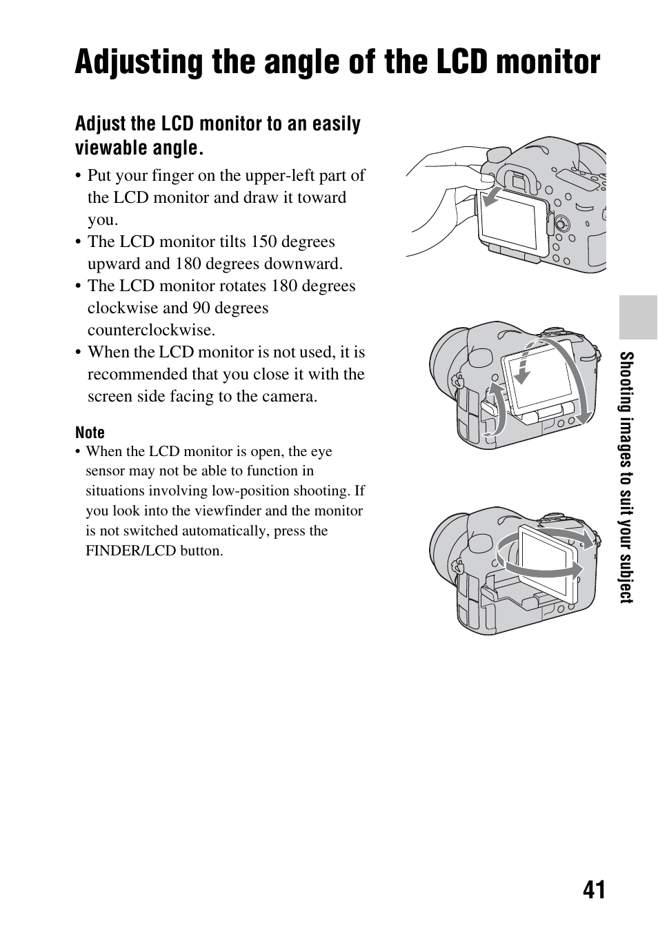 Shooting images to suit your subject, Adjusting the angle of the lcd monitor | Sony SLT-A77VM User Manual | Page 41 / 242