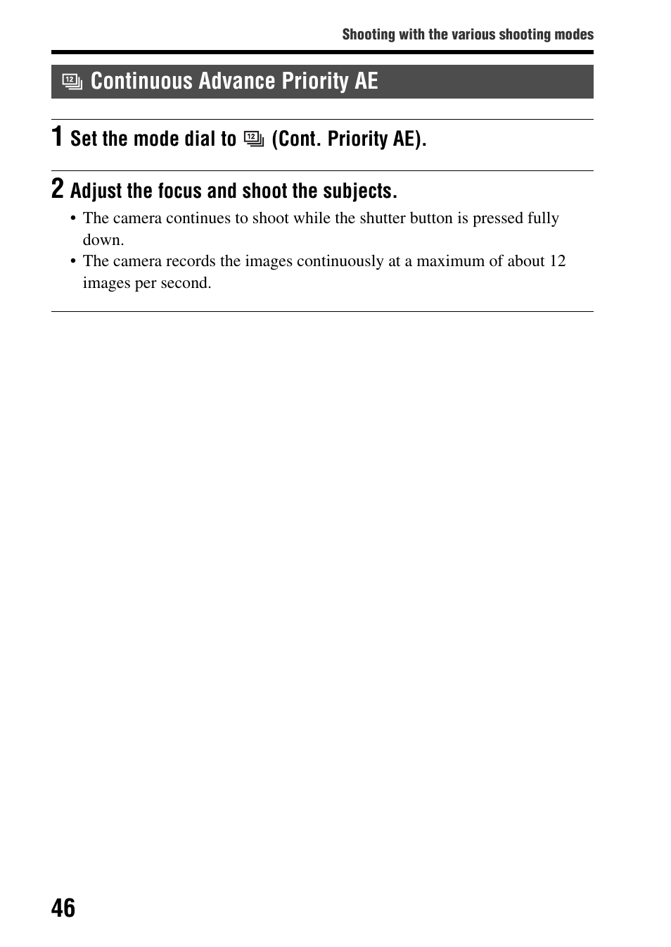 Continuous advance priority ae, Ae) (46, 10 | Sony SLT-A77VM User Manual | Page 46 / 242