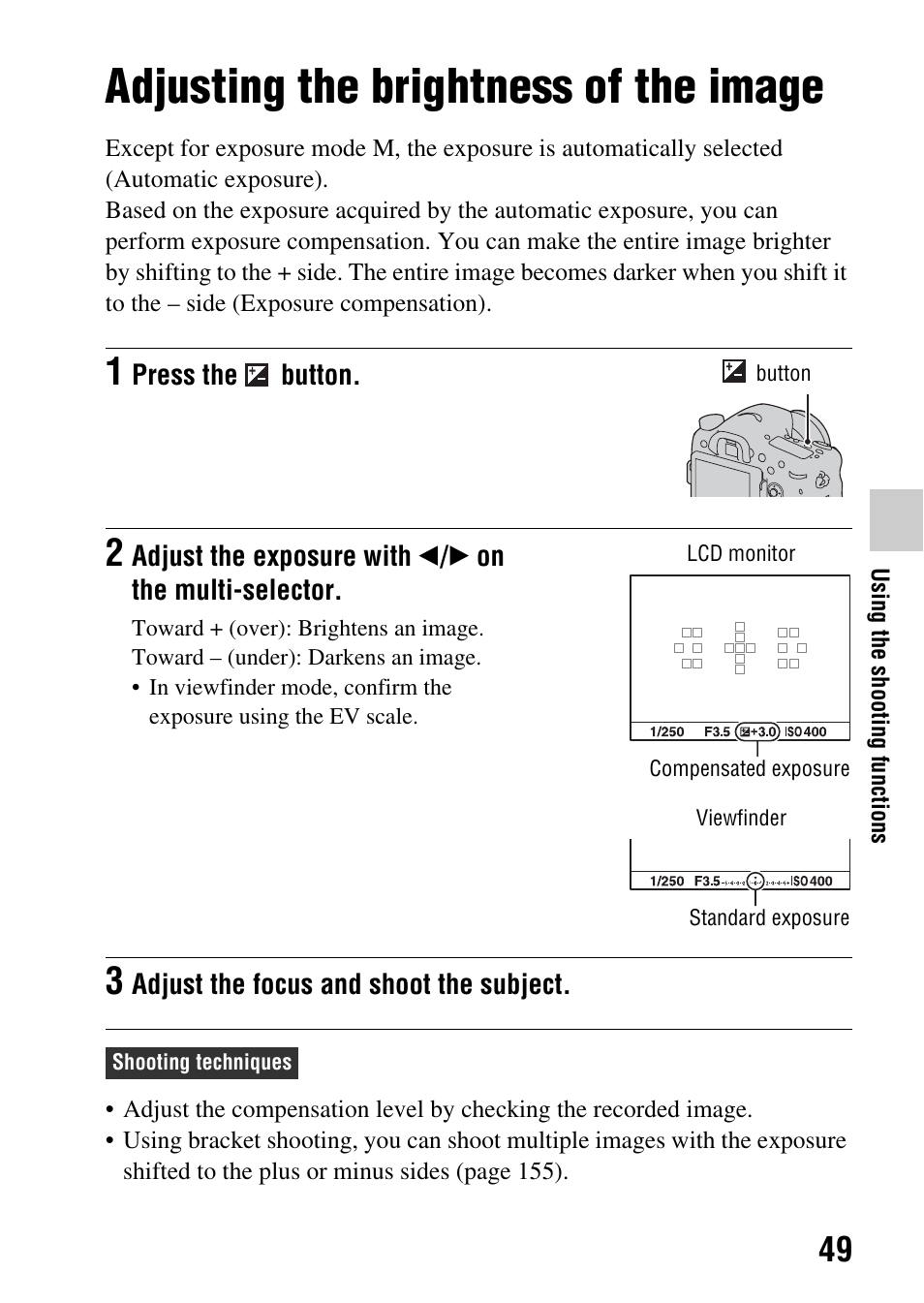 Adjusting the brightness of the image, Tton (49) | Sony SLT-A77VM User Manual | Page 49 / 242