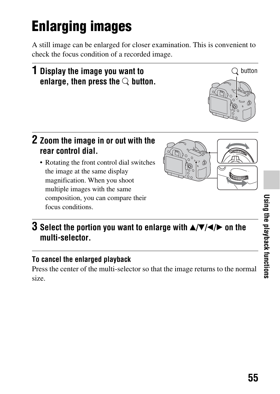 Using the playback functions, Enlarging images, N (55) | Sony SLT-A77VM User Manual | Page 55 / 242