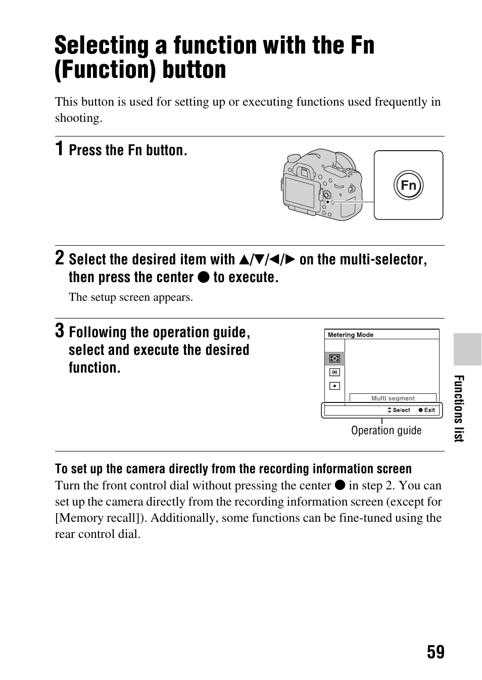 Selecting a function with the fn (function) button, N (59, Ton (59, 60) | Sony SLT-A77VM User Manual | Page 59 / 242