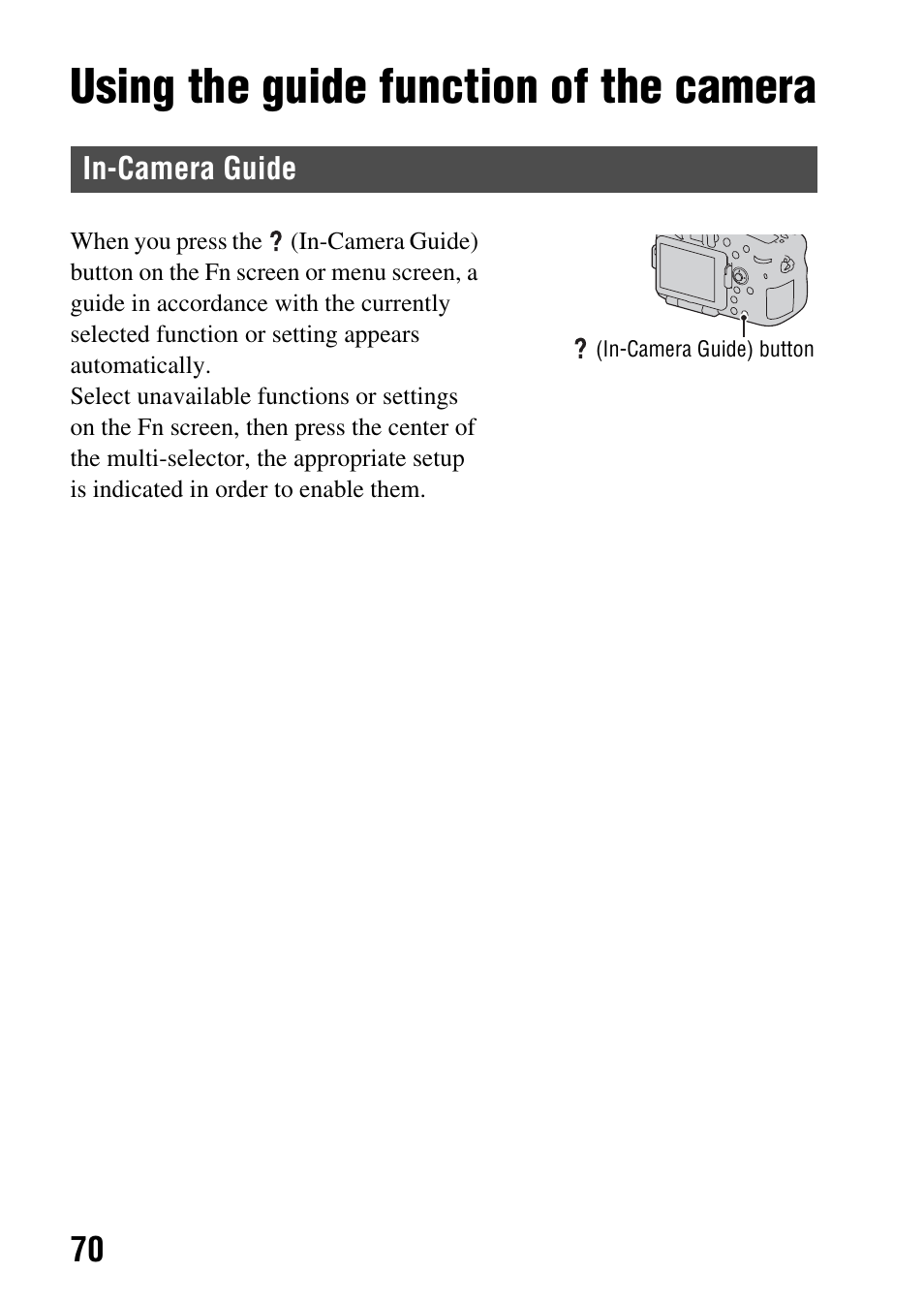 Using the guide function of the camera, In-camera guide, On (70) | Sony SLT-A77VM User Manual | Page 70 / 242