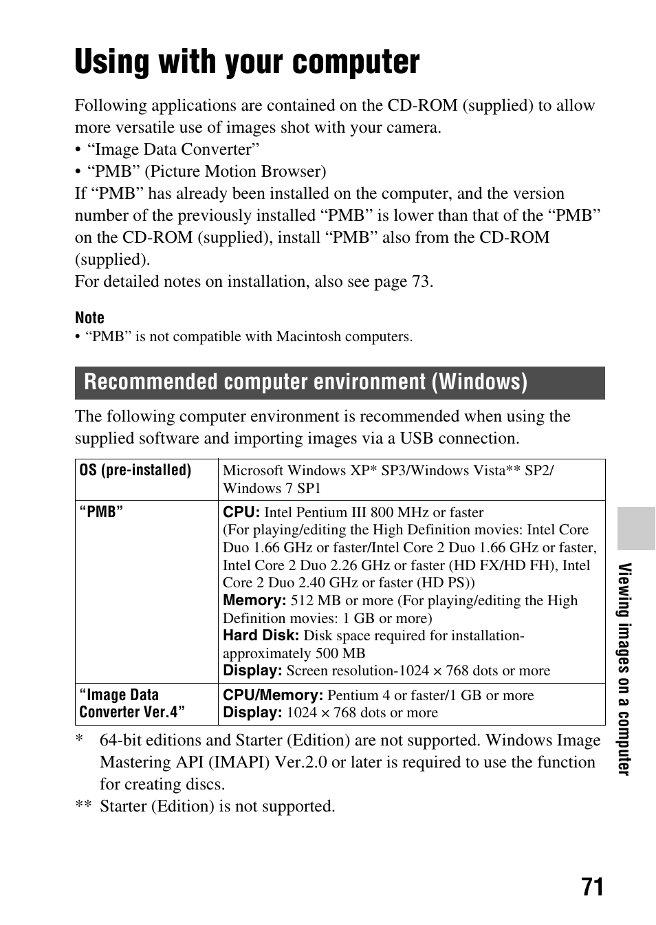 Viewing images on a computer, Using with your computer, Recommended computer environment (windows) | Sony SLT-A77VM User Manual | Page 71 / 242