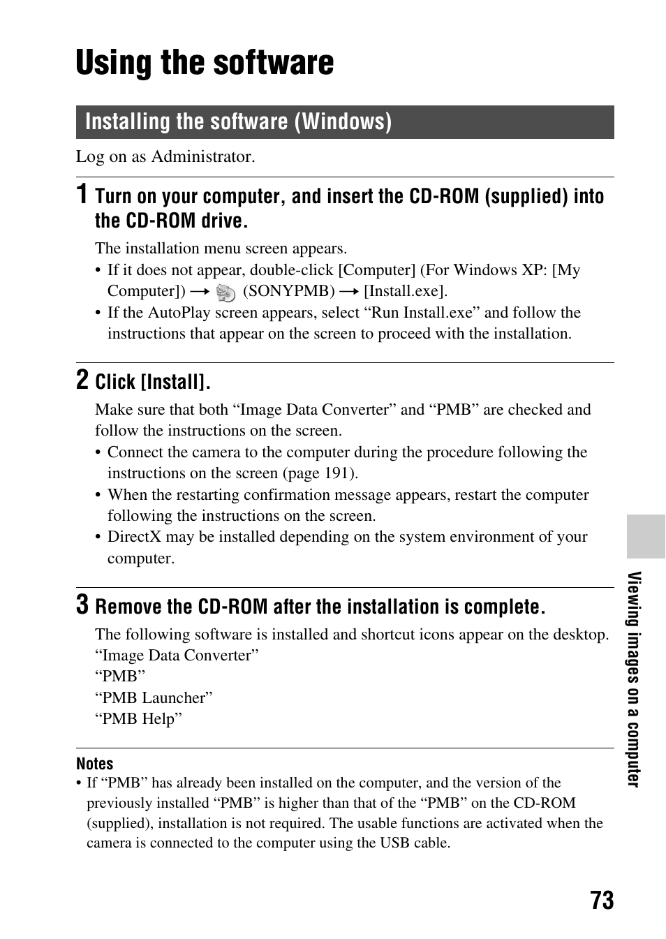 Using the software, Installing the software (windows) | Sony SLT-A77VM User Manual | Page 73 / 242