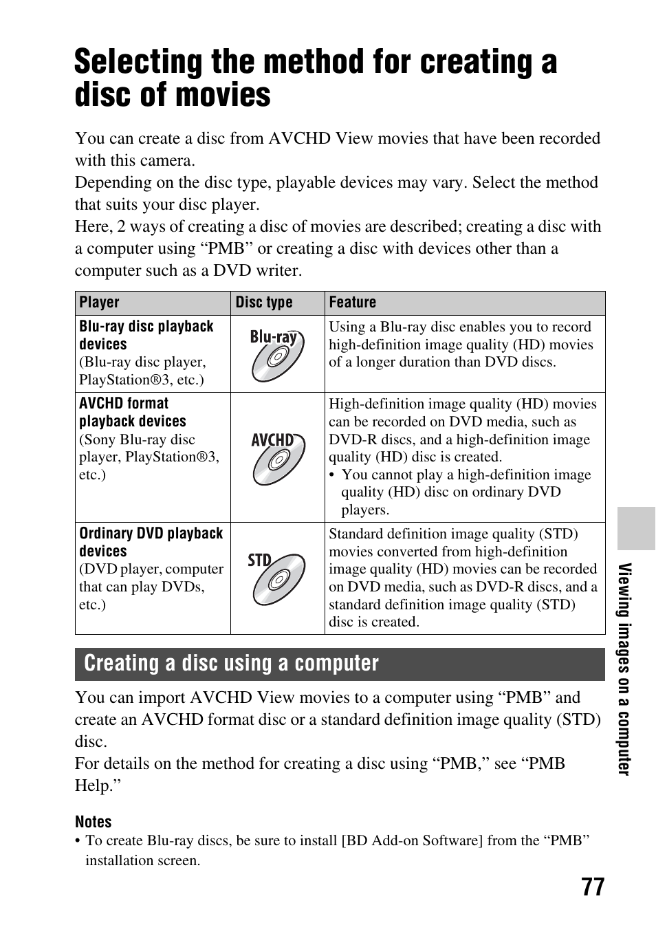 Selecting the method for creating a disc of movies, Creating a disc using a computer | Sony SLT-A77VM User Manual | Page 77 / 242