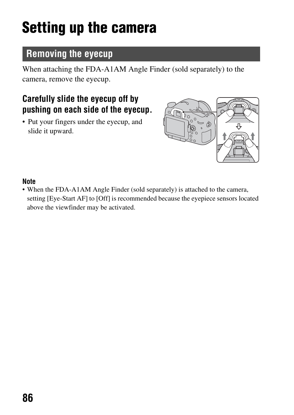 Setting up the camera, Removing the eyecup, P (86) | Eyepiece sensors (86) | Sony SLT-A77VM User Manual | Page 86 / 242