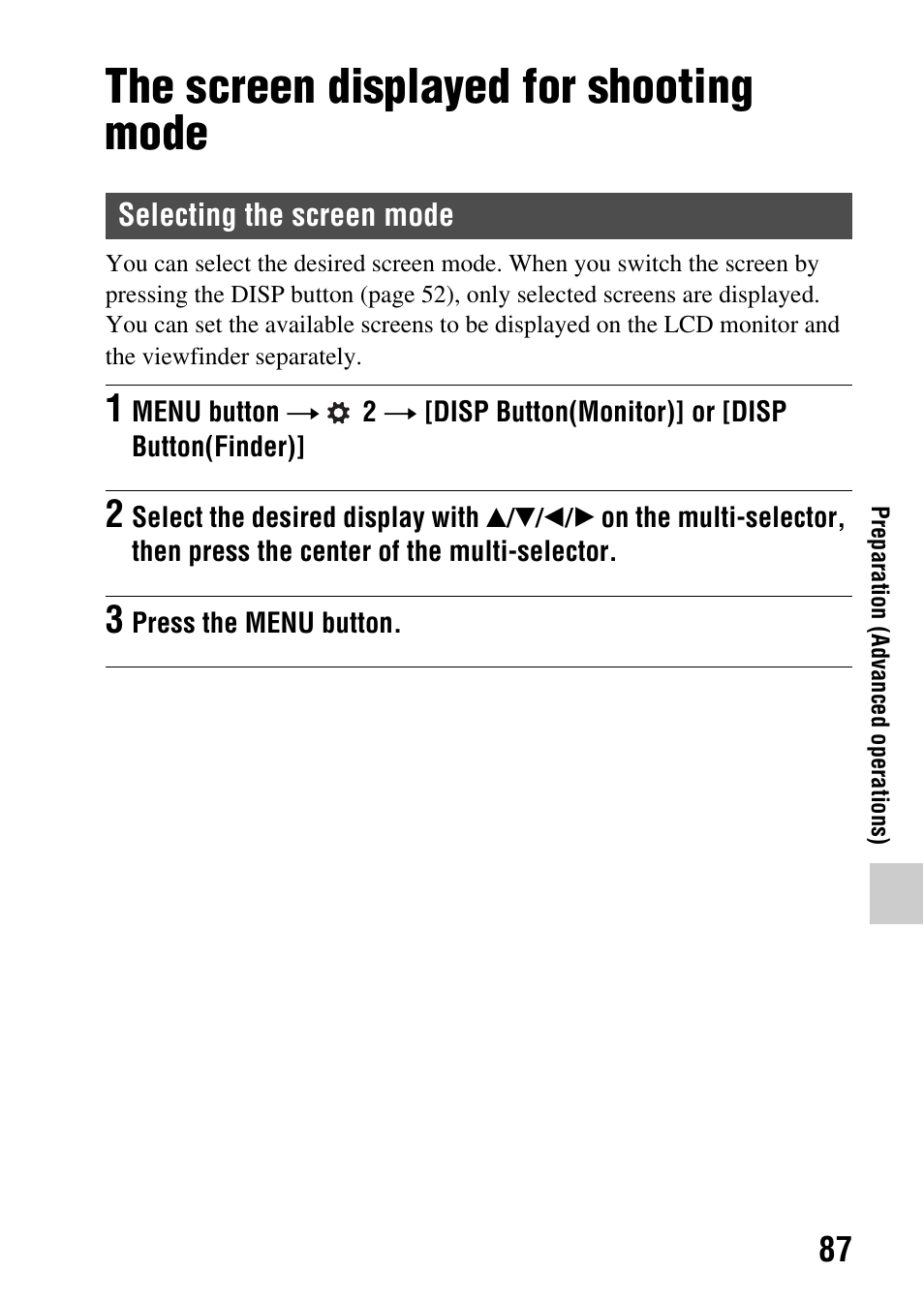 The screen displayed for shooting mode, Selecting the screen mode | Sony SLT-A77VM User Manual | Page 87 / 242