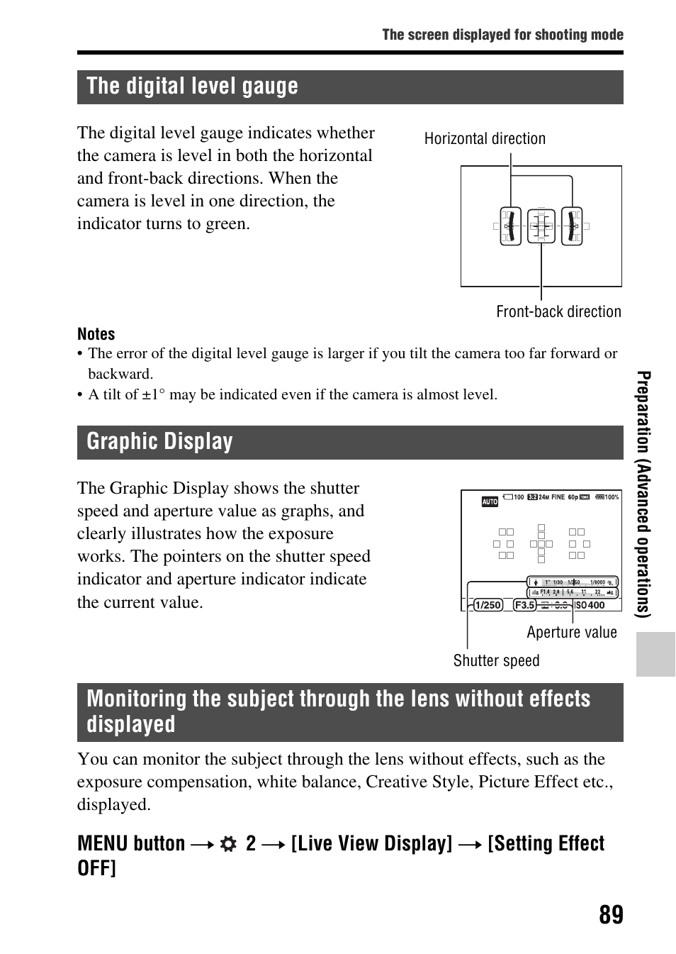 The digital level gauge, Graphic display, Displayed | Off (89) | Sony SLT-A77VM User Manual | Page 89 / 242