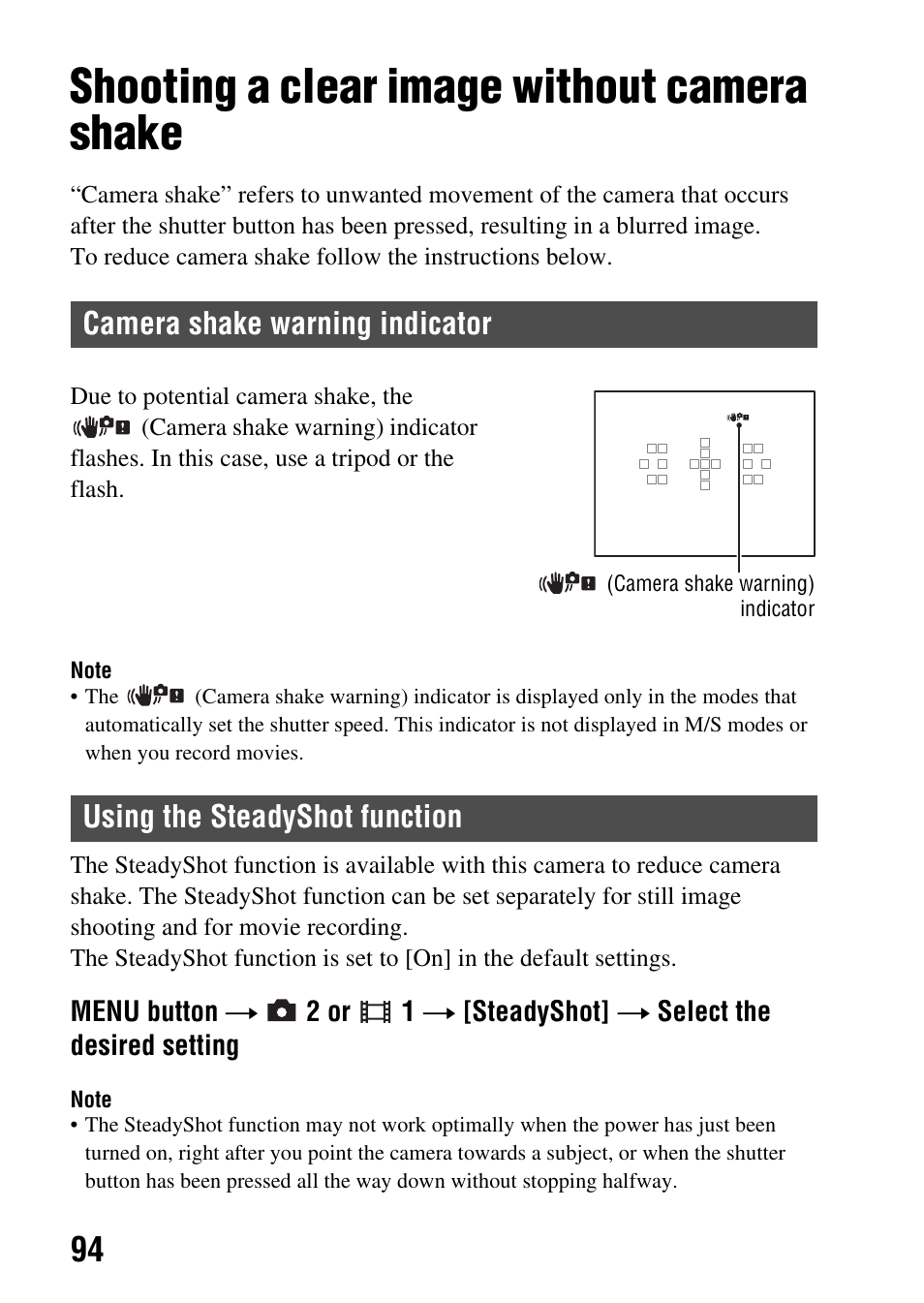 Shooting a clear image without camera shake, Camera shake warning indicator, Using the steadyshot function | Ot (94) | Sony SLT-A77VM User Manual | Page 94 / 242