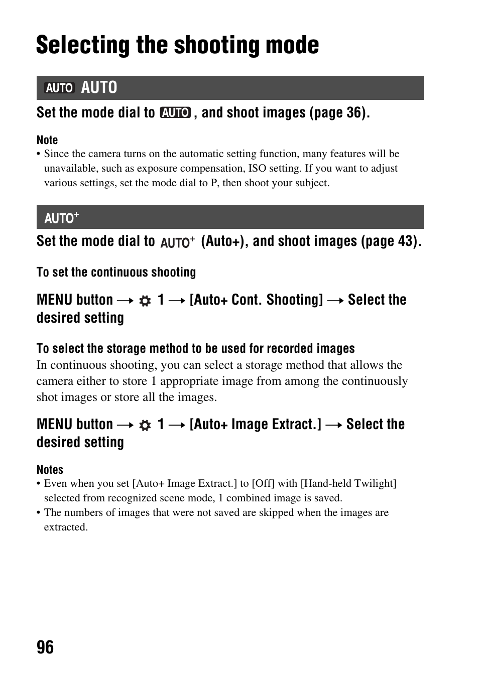 Shooting, Selecting the shooting mode, Auto | Shooting (advanced operations) | Sony SLT-A77VM User Manual | Page 96 / 242