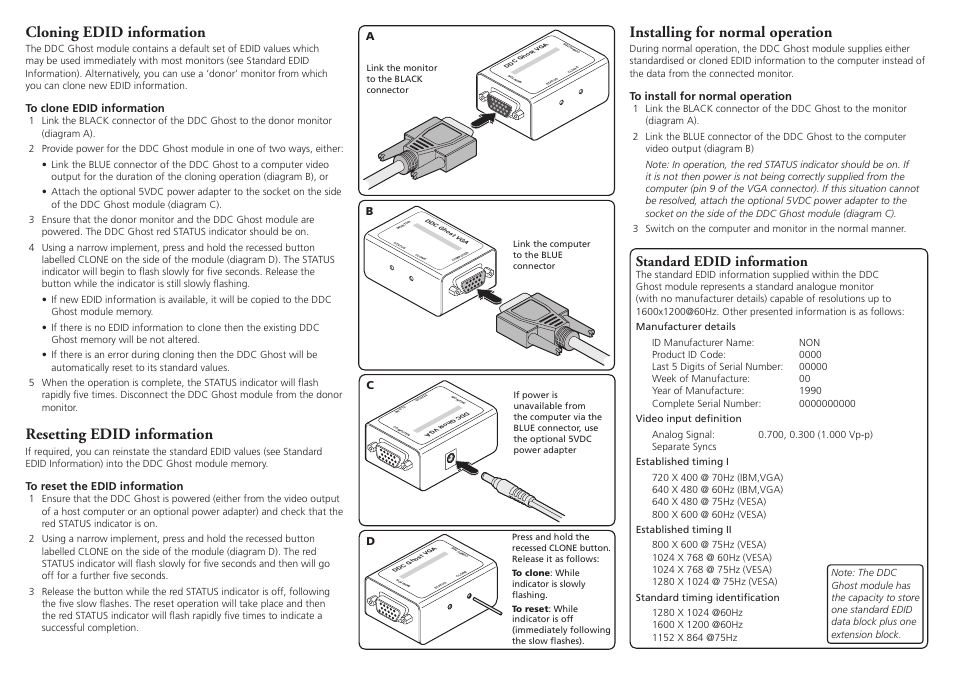 Cloning edid information, Resetting edid information, Installing for normal operation | Standard edid information | Adder Technology DDC Ghost User Manual | Page 2 / 2